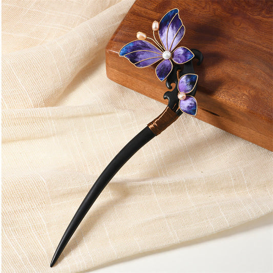 Buddhist Blessing Intangible Cultural Heritage Craft Ebony Wood Silk Flower Butterfly Pearl Blessing Hairpin