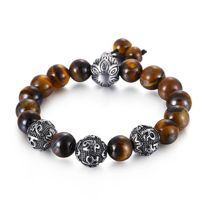 Buddhist Blessing Natural Tiger Eye Lava Rock Black Obsidian Titanium Steel Six-True-Words Om Mani Padme Hum Protection Bracelet