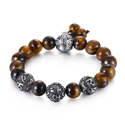 Buddhist Blessing Natural Tiger Eye Lava Rock Black Obsidian Titanium Steel Six-True-Words Om Mani Padme Hum Protection Bracelet