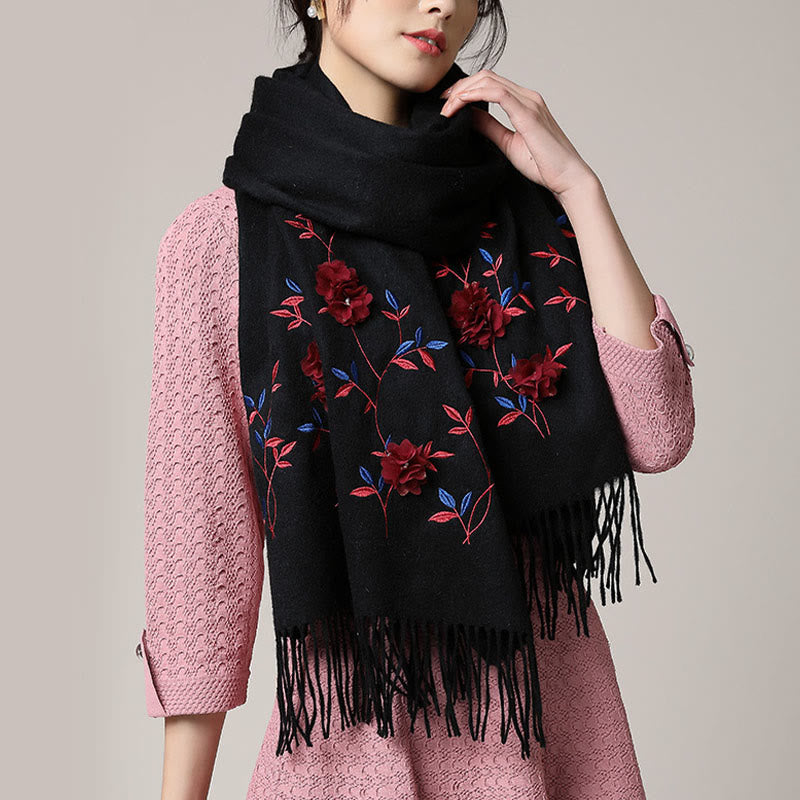 Buddhist Blessing Wool Shawl 3D Floral Embroidery Tassel Winter Cozy Travel Scarf Wrap
