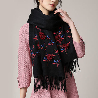 Buddhist Blessing Wool Shawl 3D Floral Embroidery Tassel Winter Cozy Travel Scarf Wrap
