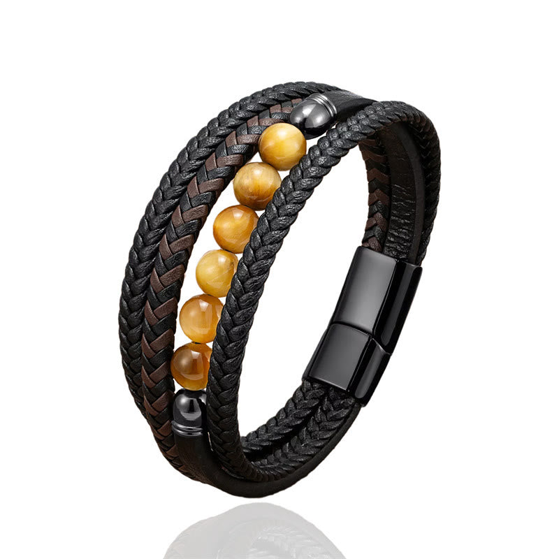 Buddhist Blessing Tiger Eye Lava Rock Black Onyx Lazurite Hematite Bead Positive Leather Bracelet