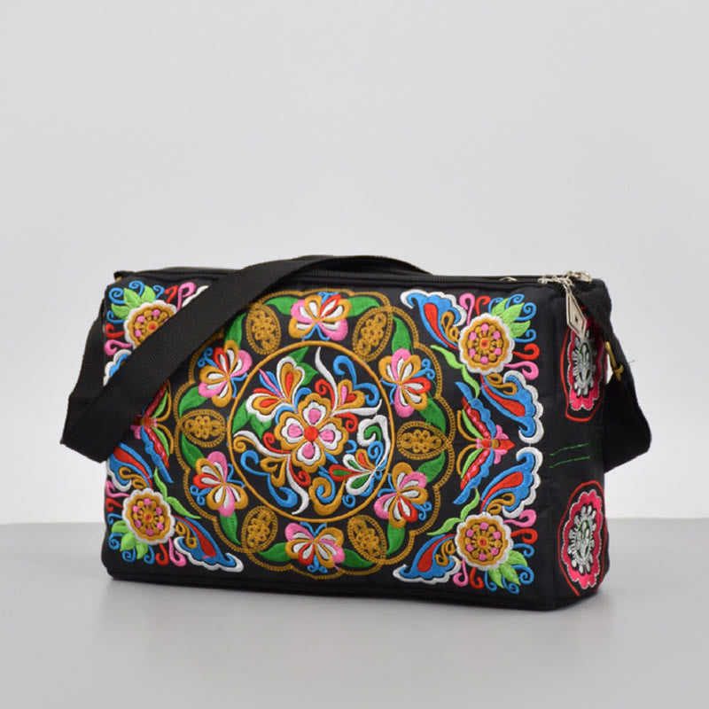 Buddhist Blessing Galsang Inula Flower Peony Peacock Double-Sided Embroidery Canvas Shopping Purse Handbag Crossbody Bag