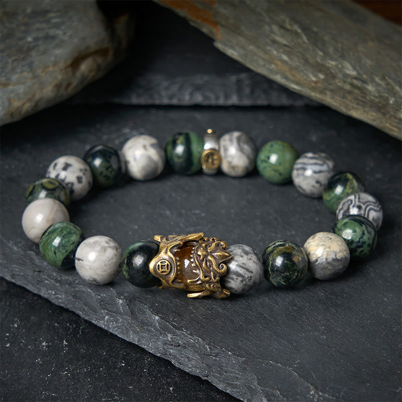 Buddhist Blessing Natural Grey Jasper Kambamba Jasper Citrine Horse Zodiac PiXiu Protection Bracelet