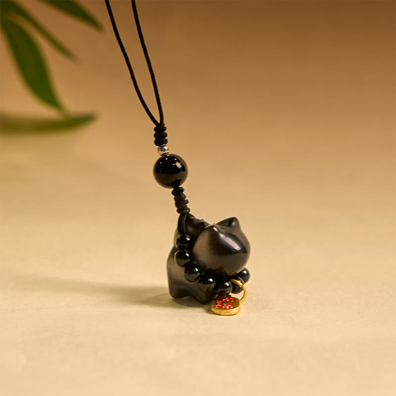 Buddhist Blessing Silver Sheen Obsidian Black Obsidian Gold Sheen Obsidian Cute Cat Fu Character Protection Key Chain Phone Hanging Decoration
