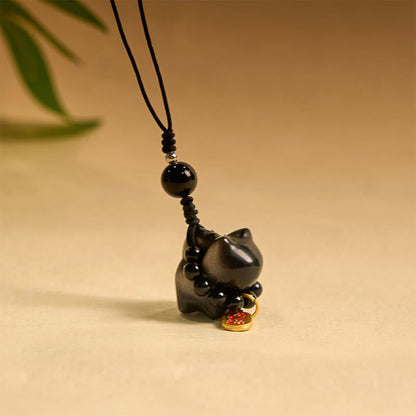 Buddhist Blessing Silver Sheen Obsidian Black Obsidian Gold Sheen Obsidian Cute Cat Fu Character Protection Key Chain Phone Hanging Decoration