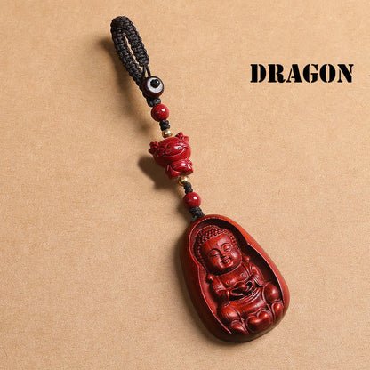 Buddhist Blessing Small Leaf Red Sandalwood Buddha Cinnabar Chinese Zodiac Amulet Protection Key Chain