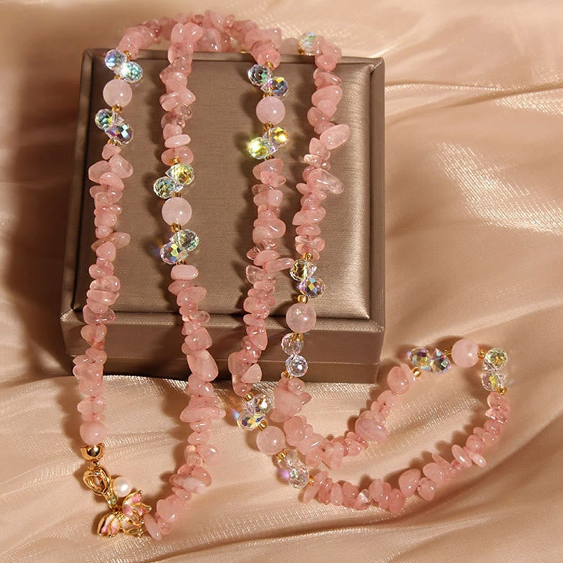 Buddhist Blessing Butterfly Flower Amethyst Strawberry Quartz Balance Necklace Pendant