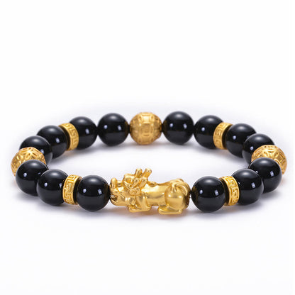 Buddhist Blessing Black Obsidian Black Onyx Alloy PiXiu Om Mani Padme Hum Strength Bracelet