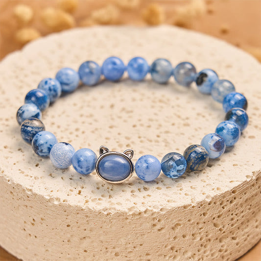 Buddhist Blessing Natural Cat Head Blue Agate Kyanite Protection Bracelet