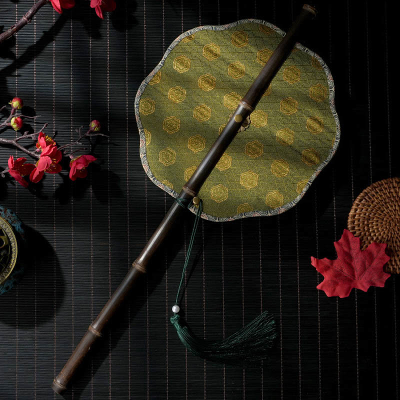 Buddhist Blessing Handmade Shell Scales Leaves Epiphyllum Pattern Long Purple Bamboo Handle Portable Curlable Fan