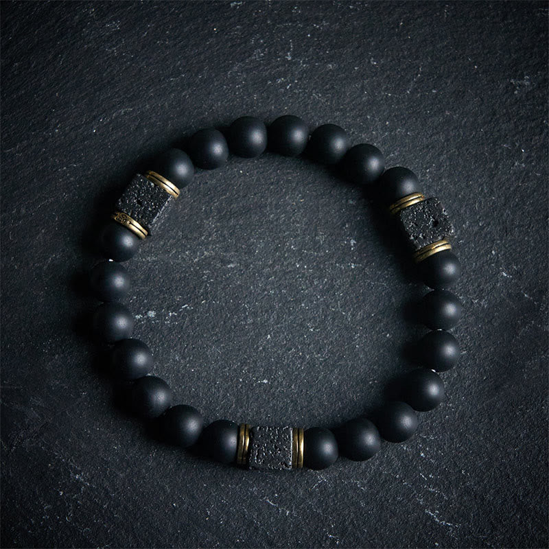 Buddhist Blessing Natural Frosted Black Onyx Square Lava Rock Fortune Bracelet