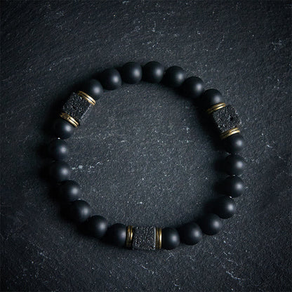 Buddhist Blessing Natural Frosted Black Onyx Square Lava Rock Fortune Bracelet