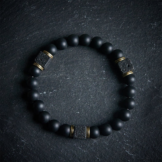 Buddhist Blessing Natural Frosted Black Onyx Square Lava Rock Fortune Bracelet