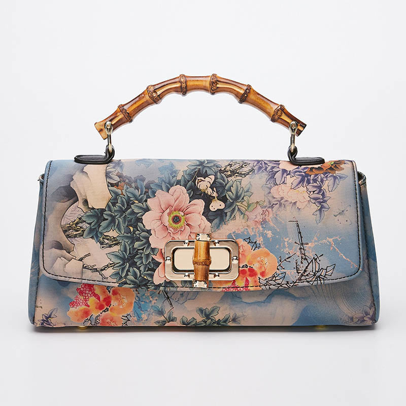 Buddhist Blessing Flower Pattern Bamboo Handle Metal Chain Crossbody Bag Handbags