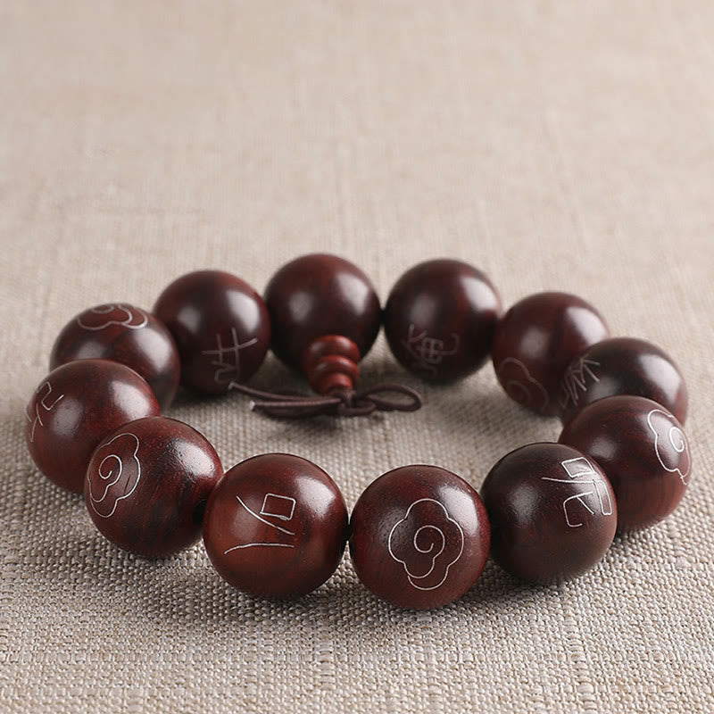 Buddhist Blessing 925 Sterling Silver Inlaid Small Leaf Red Sandalwood Om Mani Padme Hum Character Auspicious Clouds Protection Bracelet