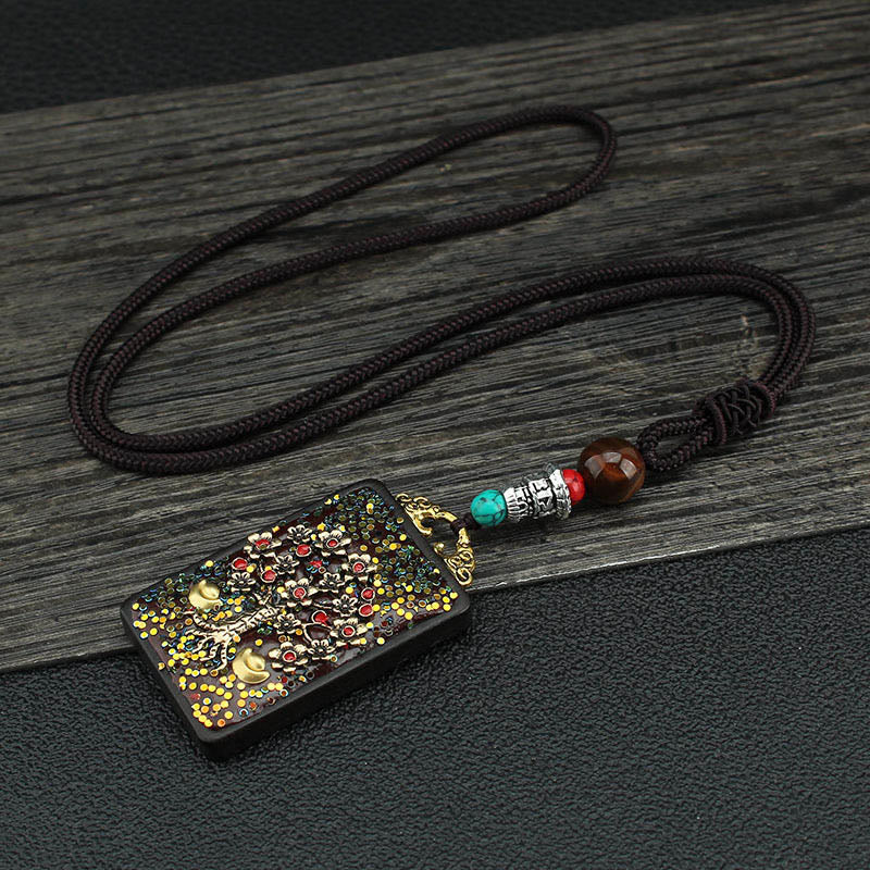 Buddhist Blessing Tibet God Of Wealth Money Tree Golden Phoenix Thangka Ebony Peace Necklace Pendant