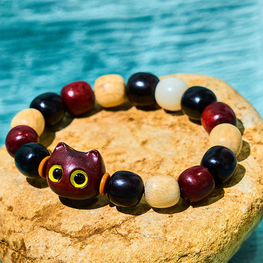 Buddhist Blessing Small Leaf Red Sandalwood Ebony Wood Cute Cat Engraved Protection Bracelet