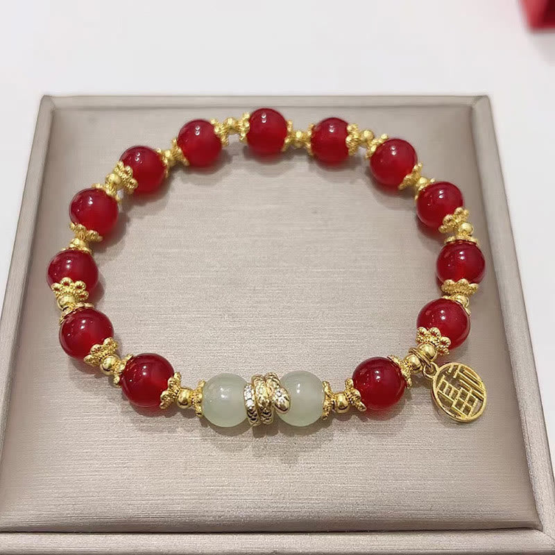 Buddhist Blessing Red Agate Jade Fu Character Year of the Snake Calm Bracelet