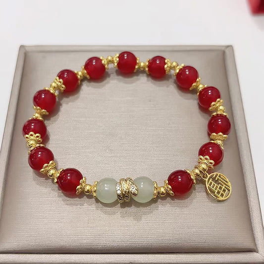 Buddhist Blessing Red Agate Jade Fu Character Year of the Snake Calm Bracelet