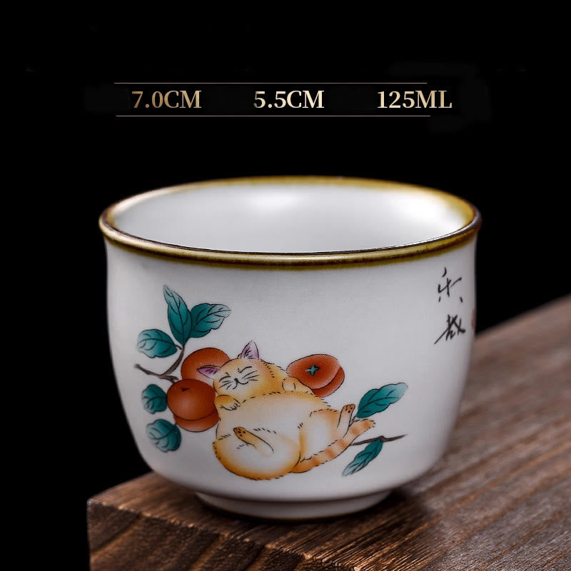 Buddhist Blessing Cute Lying Cat Branches Teacup Kung Fu Tea Cup With Gift Box