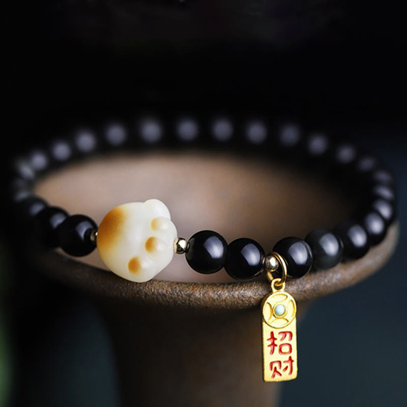 Buddhist Blessing Black Obsidian Cat Paw Bodhi Seed Lucky Fortune Charm Purification Bracelet