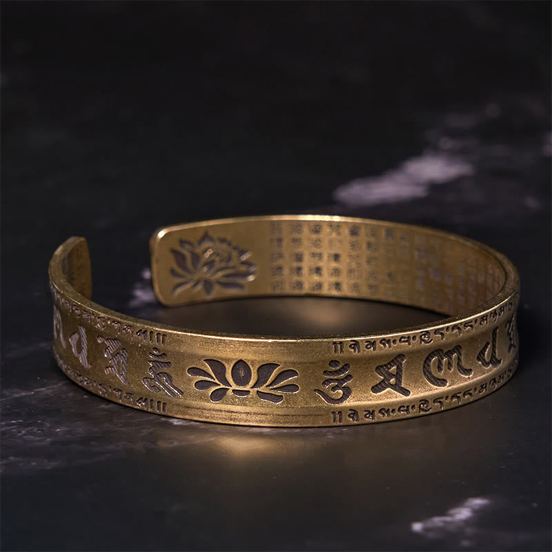 Buddhist Blessing Six True Words 'om Mani Padme Hum' Heart Sutra Lotus Copper Brass Peace Cuff Bracelet Bangle