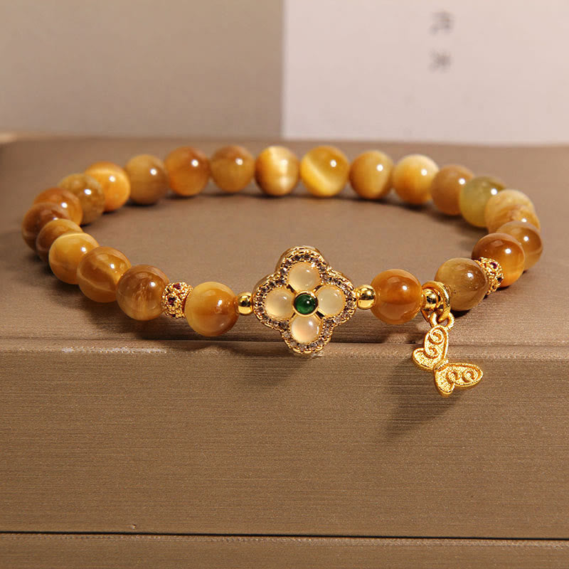 Buddhist Blessing Tiger Eye Four Leaf Clover Butterfly Protection Bracelet