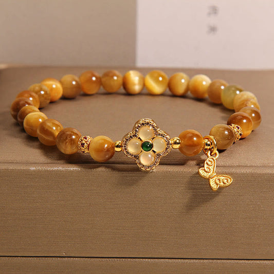 Buddhist Blessing Tiger Eye Four Leaf Clover Butterfly Protection Bracelet