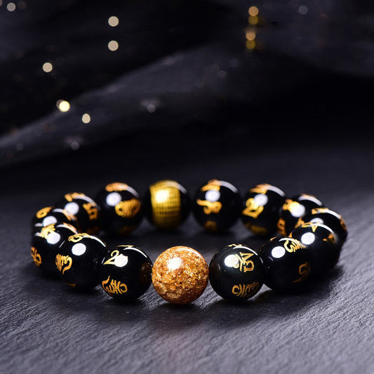 Buddhist Blessing Six True Words Om Mani Padme Hum Rainbow Obsidian Gold Foil Creativity Bracelet