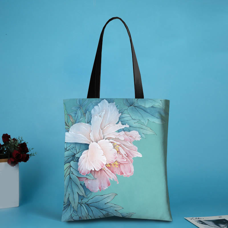 Buddhist Blessing Large Capacity Handmade Canvas Ink Lotus Dragonfly Shoulder Bag Shopping Bag