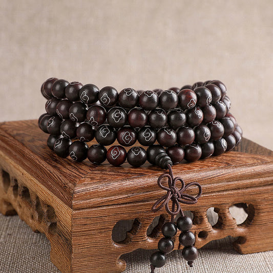 Buddhist Blessing 925 Sterling Silver Inlaid Small Leaf Red Sandalwood Om Mani Padme Hum Character Auspicious Clouds Protection Bracelet