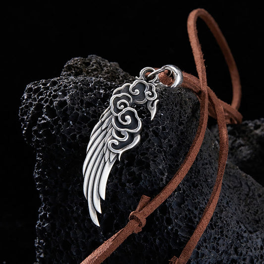 Buddhist Blessing 925 Sterling Silver Auspicious Clouds Wing Cotton Rope Deerskin Rope Necklace Pendant