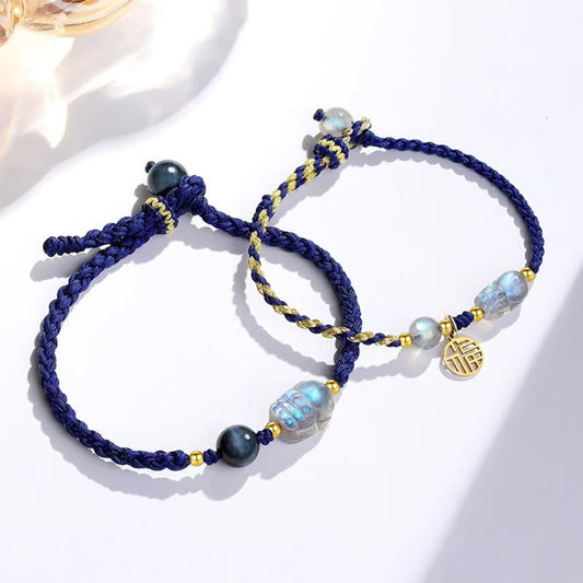 Buddhist Blessing Moonstone PiXiu Blue Tiger Eye Fu Character Healing Couple String Bracelet