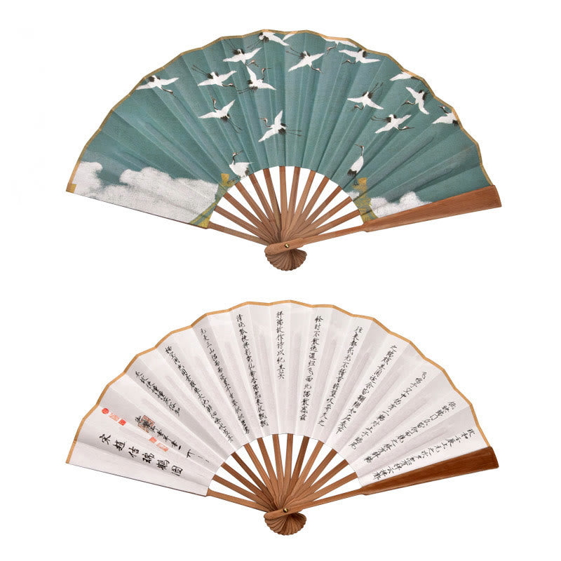 Buddhist Blessing Cranes Auspicious Clouds Solid Color Gradient Handheld Cotton Linen Fabric Bamboo Folding Fan
