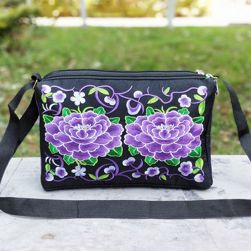 Buddhist Blessing Galsang Inula Flower Peony Peacock Double-Sided Embroidery Canvas Shopping Purse Handbag Crossbody Bag