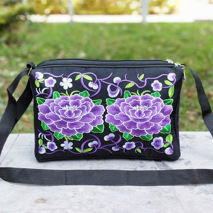 Buddhist Blessing Galsang Inula Flower Peony Peacock Double-Sided Embroidery Canvas Shopping Purse Handbag Crossbody Bag