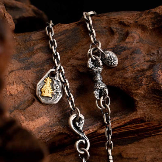 Buddhist Blessing 925 Sterling Silver Tibetan White Zakiram Goddess of Wealth Vajra Dorje Blessing Metal Chain Necklace