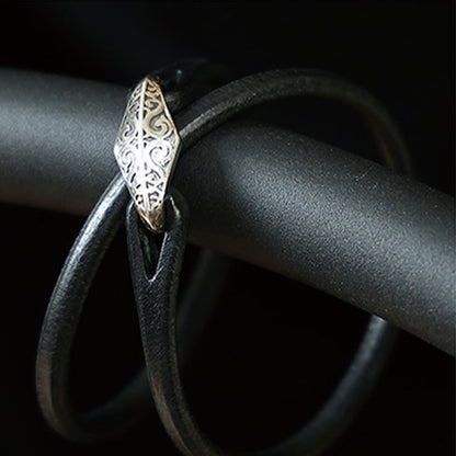 Buddhist Blessing 925 Sterling Silver Leather Multi-turn Protection Bracelet