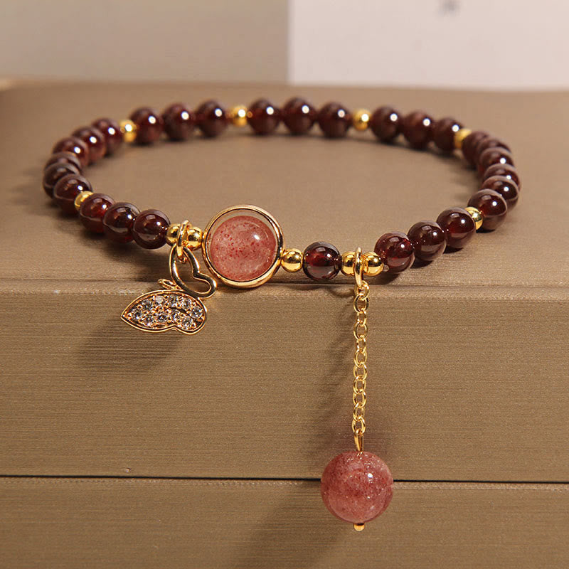 Buddhist Blessing Natural Garnet Strawberry Quartz Butterfly Protection Bracelet