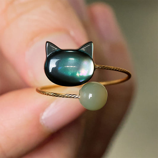Buddhist Blessing Black Tridacna Stone Cat Jade Blessing Adjustable Ring