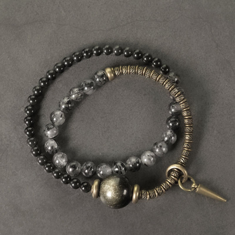 Buddhist Blessing Gold Sheen Obsidian Black Rutilated Quartz Copper Brass Double Wrap Protection Bracelet