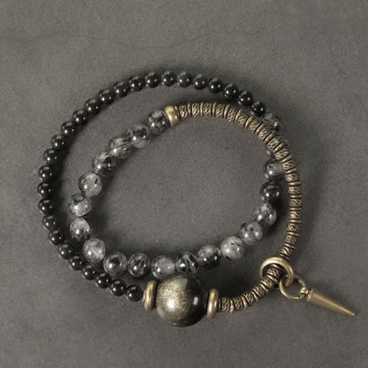 Buddhist Blessing Gold Sheen Obsidian Black Rutilated Quartz Copper Brass Double Wrap Protection Bracelet