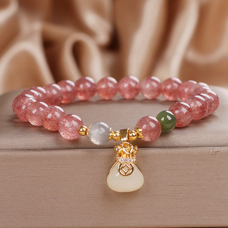 Buddhist Blessing Natural Strawberry Quartz Money Bag Charm Positive Bracelet