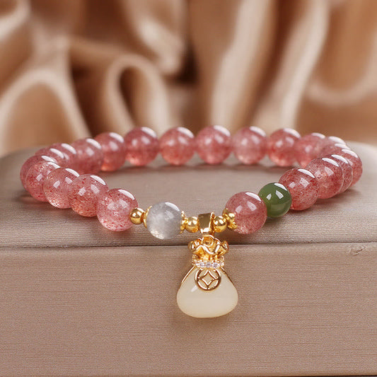 Buddhist Blessing Natural Strawberry Quartz Money Bag Charm Positive Bracelet