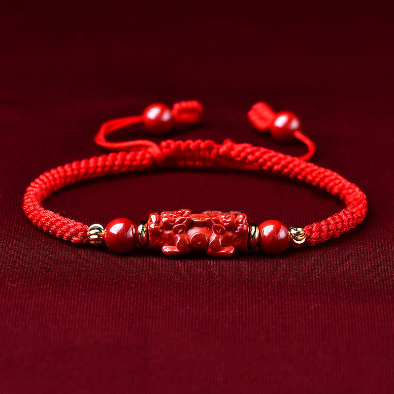 Buddhist Blessing Handcrafted Pixiu Cinnabar Ruyi Stick Wealth Luck Braided Bracelet