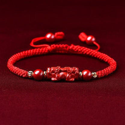 Buddhist Blessing Handcrafted Pixiu Cinnabar Ruyi Stick Wealth Luck Braided Bracelet