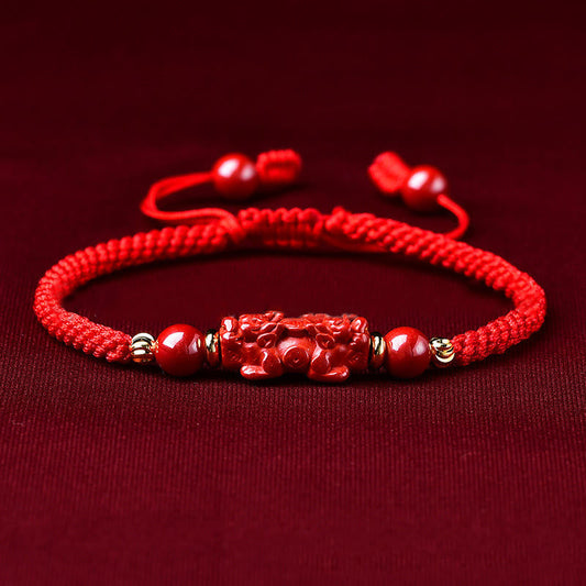 Buddhist Blessing Handcrafted Pixiu Cinnabar Ruyi Stick Wealth Luck Braided Bracelet