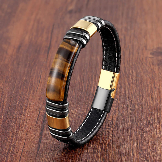 Buddhist Blessing Tiger Eye Stone Clear Thinking Leather Buckle Bracelet