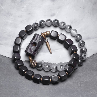 Buddhist Blessing Ebony Wood Black Rutilated Quartz Copper Brass Double Wrap Balance Bracelet